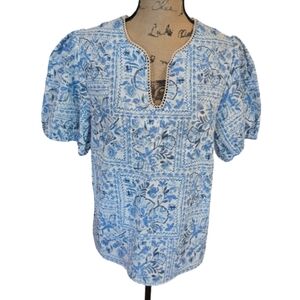 Cece Linen Blend Feminine Blue Floral Cottage Women's Top Shirt Size Medium New